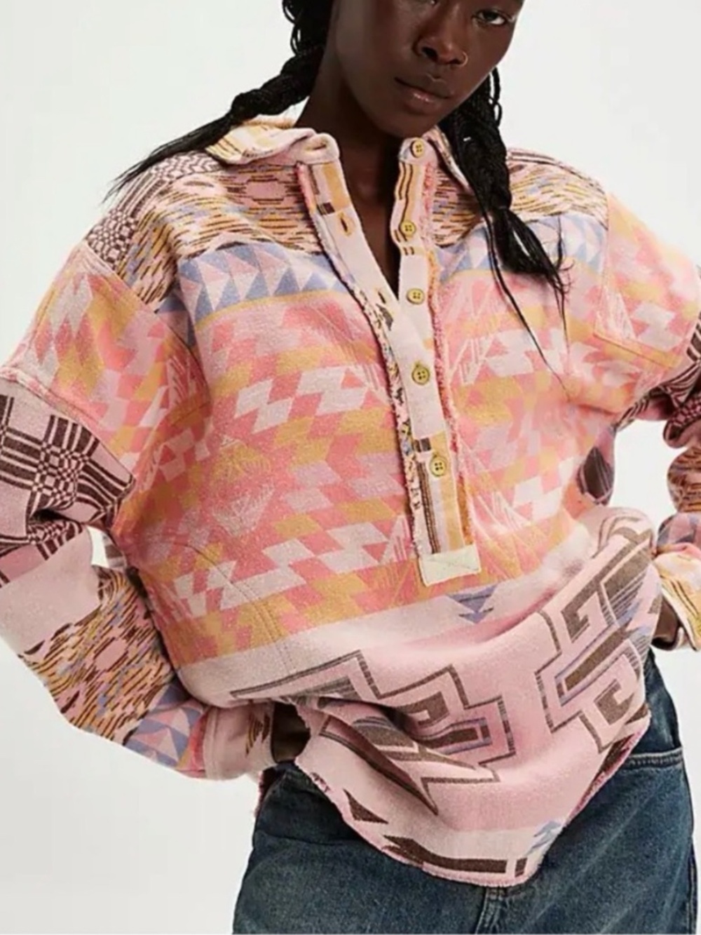 Free People Arizona Sky Aztec Pullover Cotton in Lemon Combo Sz XL